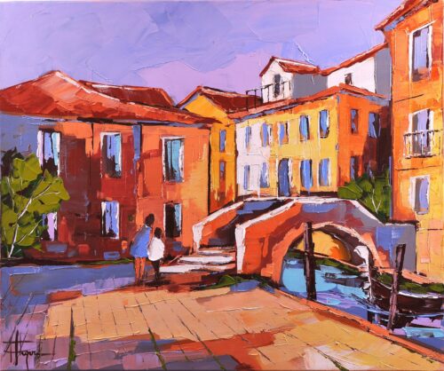 Schilderij: "LES RUES DE VENISE" door Olivier Pfleger Afmetingen: 65 x 54 cm Medium: Olieverf op doek Inclusief stijlvolle goudkleurige lijst
