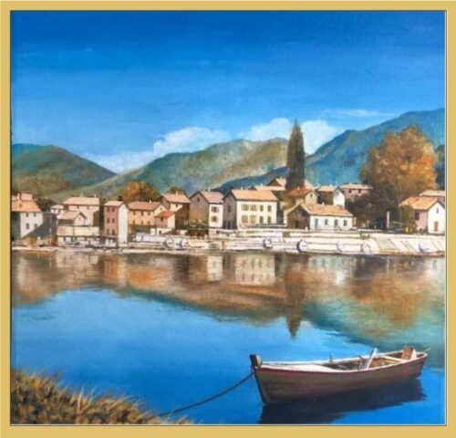 Lago Di Como origineel schilderij 50 x 50 cm. met goudkleurige lijst