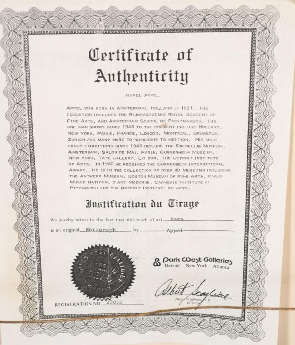 certificaat karel appel zeefdruk Karel Appel Grafiek