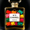 Luxury in a Bottle Luxury in a Bottle - Kleurrijk Glasschilderij van Chanel Fles gevuld met kleine Chanel tassen