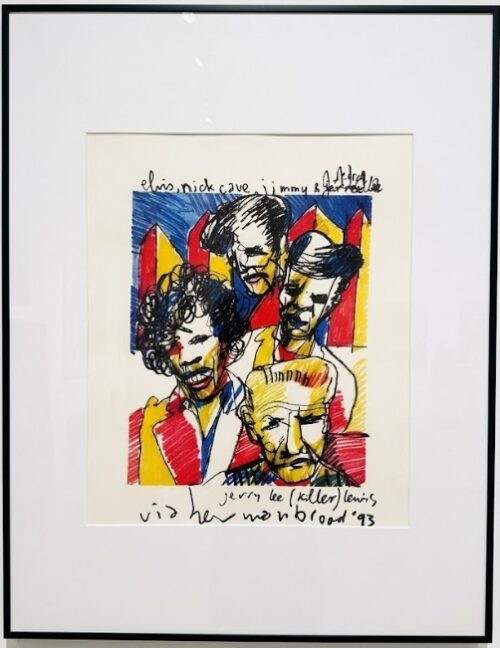 Ingelijste kleurenlithografie Elvis Presley door Herman Brood, POP-serie 1993, zwarte lijst 70x90 cm met wit passe-partout.