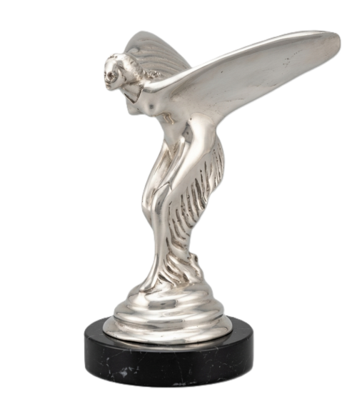 Spirit of Ecstasy Rolls Royce beeld - Zilver - 20cm Hoog - Luxury Art Zilveren Spirit of Ecstasy sculptuur op ronde zwarte marmeren voet - 20 cm hoog - Exclusieve woonaccessoire Art4Living - gavekunst.nl