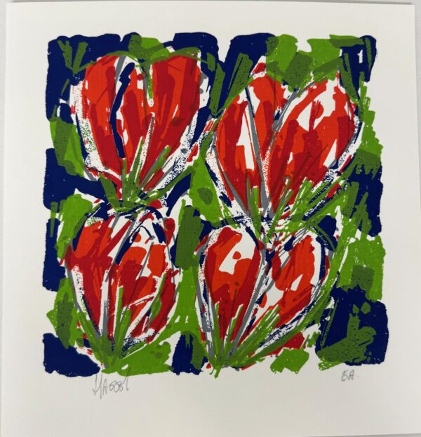 Tulpen Roze – Ad van Hassel Moderne zeefdruk van Ad van Hassel met vier expressieve roze tulpen. Luxe ingelijst (35 × 35 cm) en aantrekkelijk geprijsd. Perfect te combineren met Tulpen Rood.