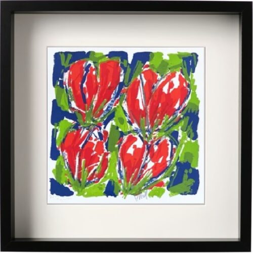 Ad Van Hassel Tulpen Rood incl. lijst 35 x 35 cm.