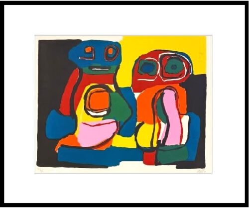 Karel Appel te koop: Originele litho 'Deux Personnages' uit 1969, met de hand gesigneerd en genummerd 42/75. Ingelijst in een strakke zwarte lijst met museumglas.