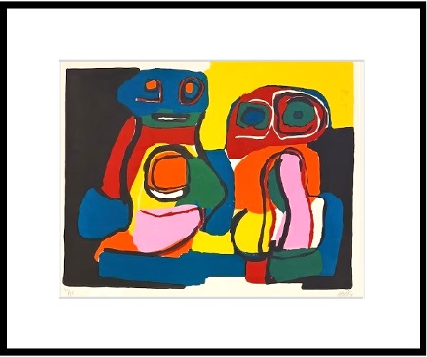 Karel Appel te koop: Originele litho 'Deux Personnages' uit 1969, met de hand gesigneerd en genummerd 42/75. Ingelijst in een strakke zwarte lijst met museumglas.