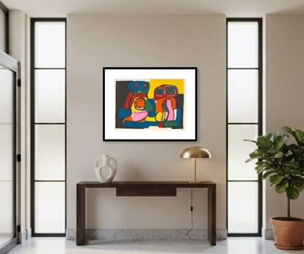 Modern interieurvoorbeeld van de ingelijste Karel Appel litho 'Deux Personnages' ($90 \times 80$ cm) in een lichte hal. Kleurrijk kunstwerk van Karel Appel te koop bij Art 4 Living - Gavekunst in Rotterdam Hillegersberg