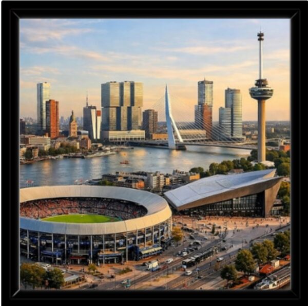 Remix-Rotterdam-Compact-40x40-Zwarte-Lijst Modern vierkant kunstwerk 'Remix Rotterdam Compact' in een zwarte lijst op een designkast. Toont De Kuip, Erasmusbrug en Euromast.