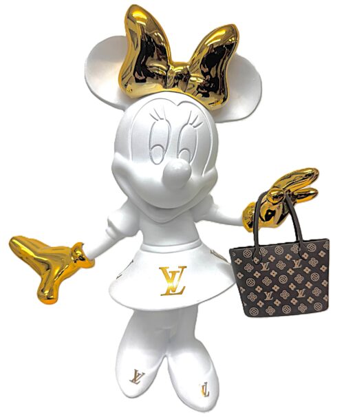 Wit Minnie Mouse kunstbeeldje door Geov met gouden accenten en een miniatuur LV-tasje, ca 30 cm. hoog