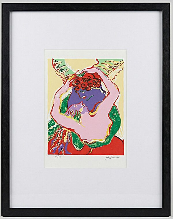 Kleurrijk modern kunstwerk "Heavenly Love" van Peter Diem in een zwarte lijst