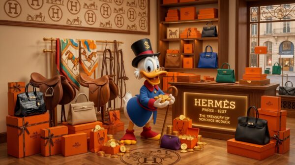 Dagobert Hermès Edition Dagobert Duck bij Hermès - schitterend acrylblok van 20 x 15 cm.
