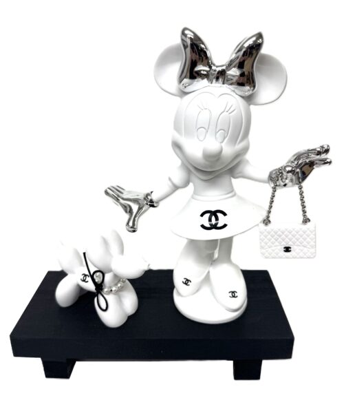 Minnie & Dog Blanc Minnie & Dog Blanc luxury set - popart kunstwerk van witte Minnie Mouse met schattig tasje samen met haar balloondog op zwart plateau