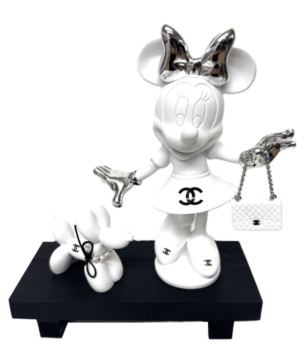 Minnie & Dog Blanc Minnie & Dog Blanc luxury set - popart kunstwerk van witte Minnie Mouse met schattig tasje samen met haar balloondog op zwart plateau
