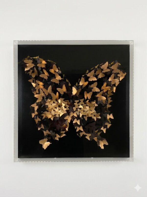 vlinders zwart met goud tegen witte muur nw Golden Butterfly 3D
