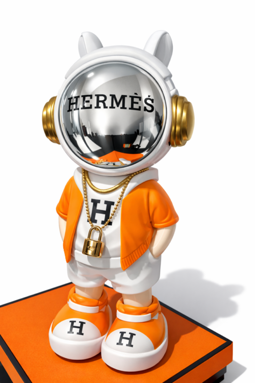 Exclusief pop art beeld Astro Hermès van kunstenaar Geov in oranje en wit met spiegelend vizier.