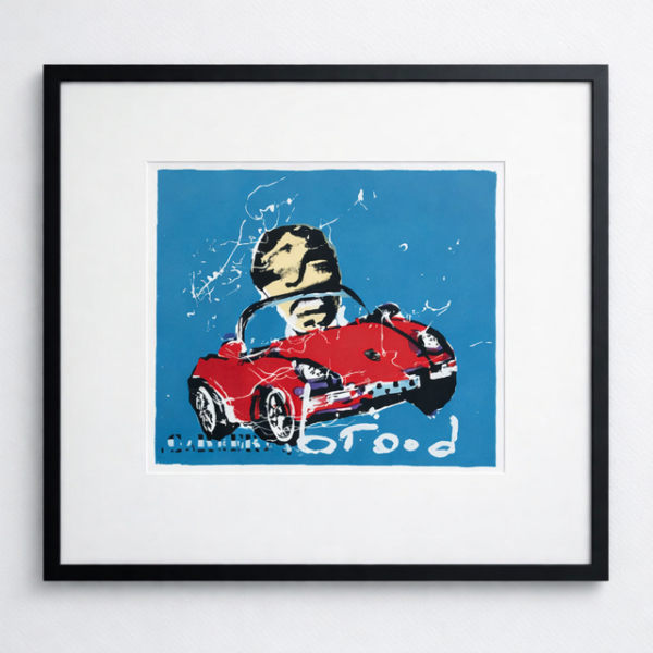 Ingelijste zeefdruk Porsche Carrera van Herman Brood met een rode auto en gezicht op een blauwe achtergrond