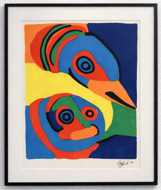Karel Appel – Oiseau et Personnage (1971) – Litho te koop Gekleurde litho Oiseau et Personnage van Karel Appel te koop bij Gallery Art 4 Living. Ingelijst CoBrA kunstwerk met een vogel en figuur in blauw, rood, geel en groen.