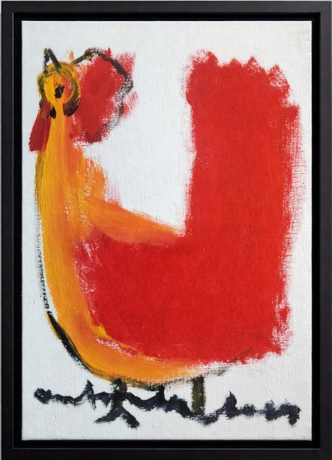 Anton Heyboer Oervogel - Kip Origineel schilderij van Anton Heyboer De Oervogel (Kip) voorzien van strakke zwarte baklijst 45 x 35 cm.